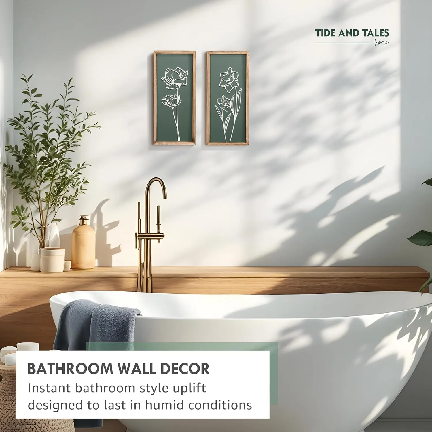 3D Floral Green Wall Art (Set of 2) Lightweight, Wooden Ready-to-Hang Boho Framed Wall Art for Bathroom, Bedroom, Living Room or Office – Premium Sage Green Farmhouse Decor – Gift-Boxed