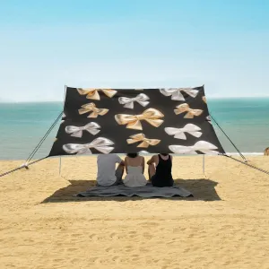 3D Golden and Silvery Bow Beach Canopy Tent Anti-UV & Wind Resistant, Camping Sun Shelter Easy Setup Portable,Outdoor Shade Tents with Sandbags,Sand Shovels,Ground Pegs & Stability Poles