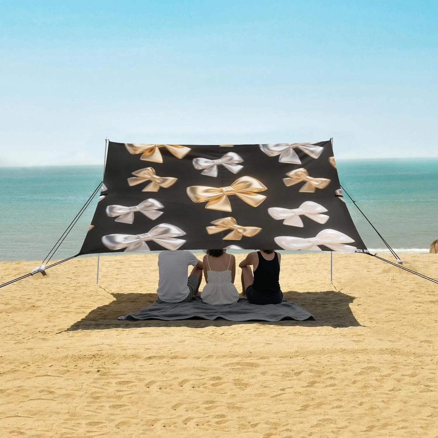 3D Golden and Silvery Bow Beach Canopy Tent Anti-UV & Wind Resistant, Camping Sun Shelter Easy Setup Portable,Outdoor Shade Tents with Sandbags,Sand Shovels,Ground Pegs & Stability Poles