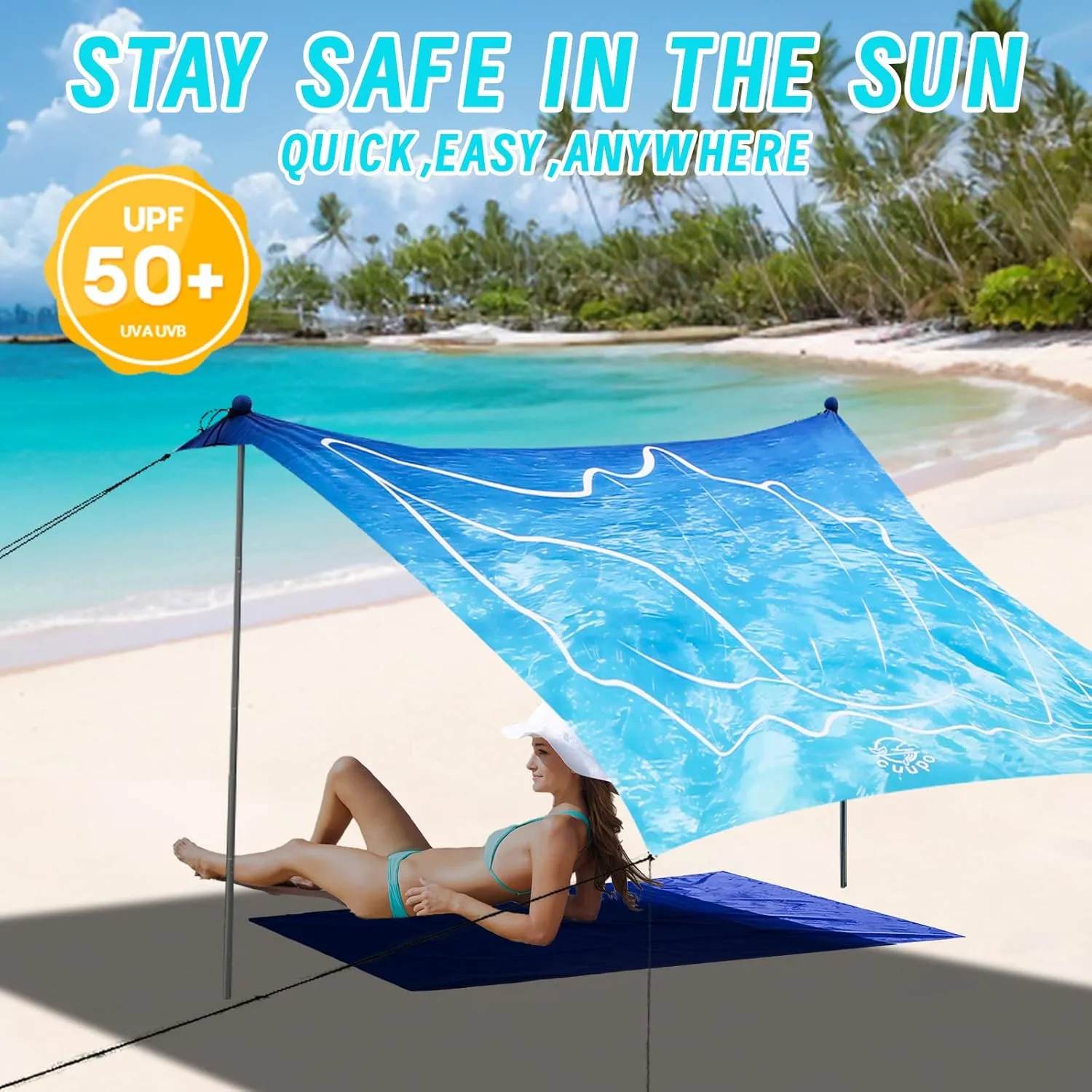 3D Printing Beach Canopy Tent Sun Shade with UPF 50  UV Protection, 7x6 FT Tent Sun Shelter Pop Up 2 Poles Outdoor Shelter for Beach, Camping, Fishing, Backyard and Picnics with Mat