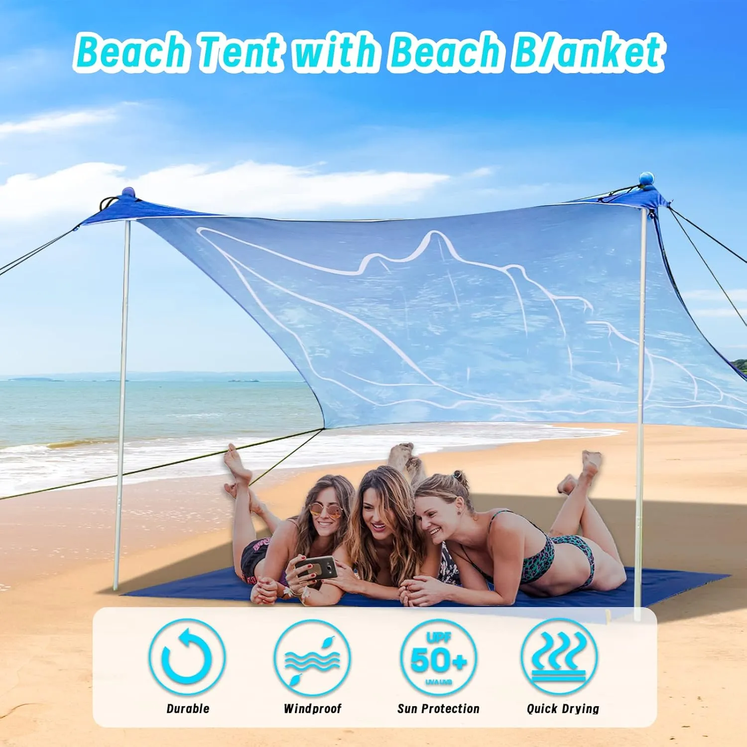 3D Printing Beach Canopy Tent Sun Shade with UPF 50  UV Protection, 7x6 FT Tent Sun Shelter Pop Up 2 Poles Outdoor Shelter for Beach, Camping, Fishing, Backyard and Picnics with Mat