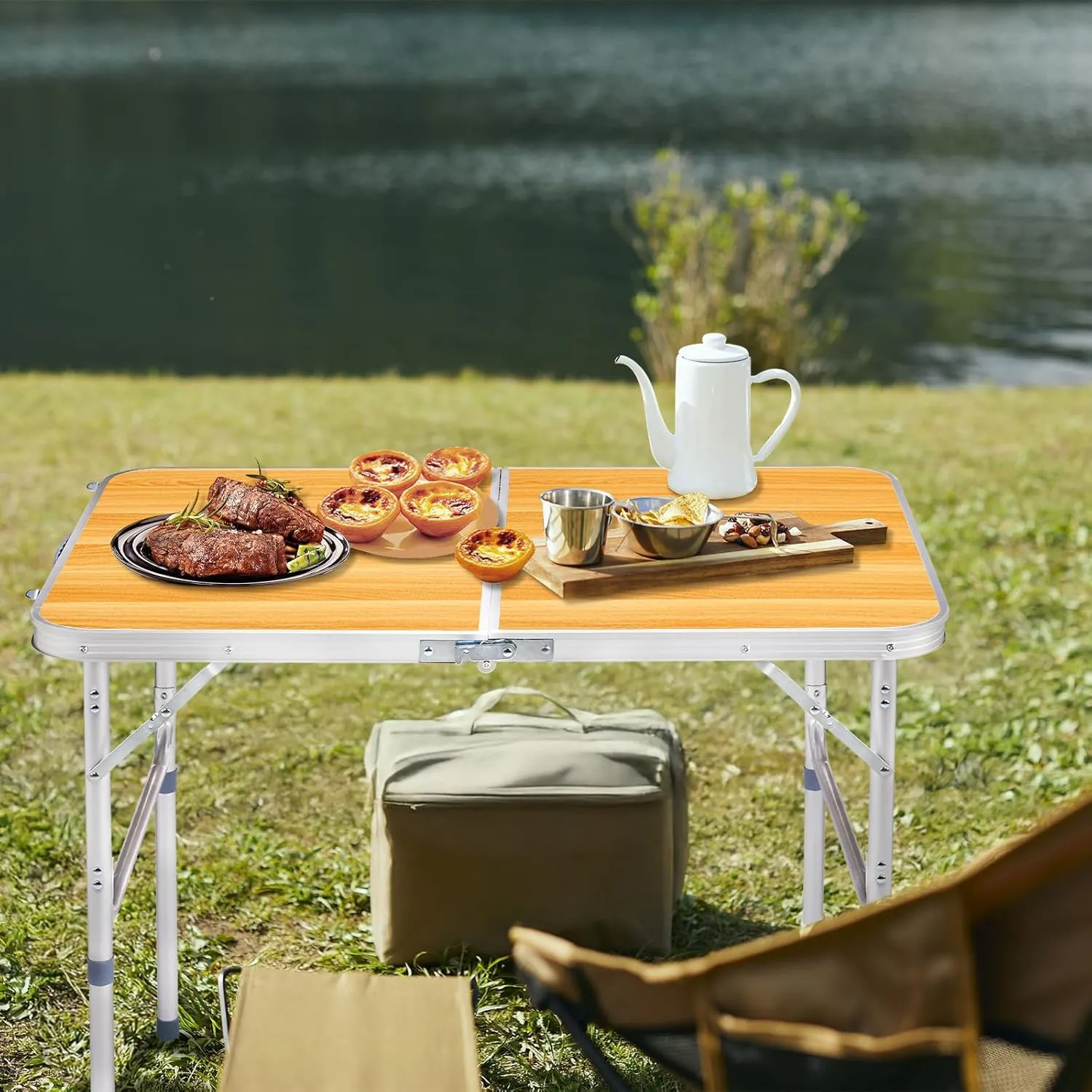 3FT Aluminum Folding Camping Table – Portable Lightweight Outdoor Picnic Table, Black, Collapsible for BBQ, Tailgate, RV, Patio, Beach (Wood Grain Color)