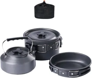 3Pcs Camping Cooking Set Pot Frying Pan Kettle Camping Cookware Mess Kit for Barbecue, Black