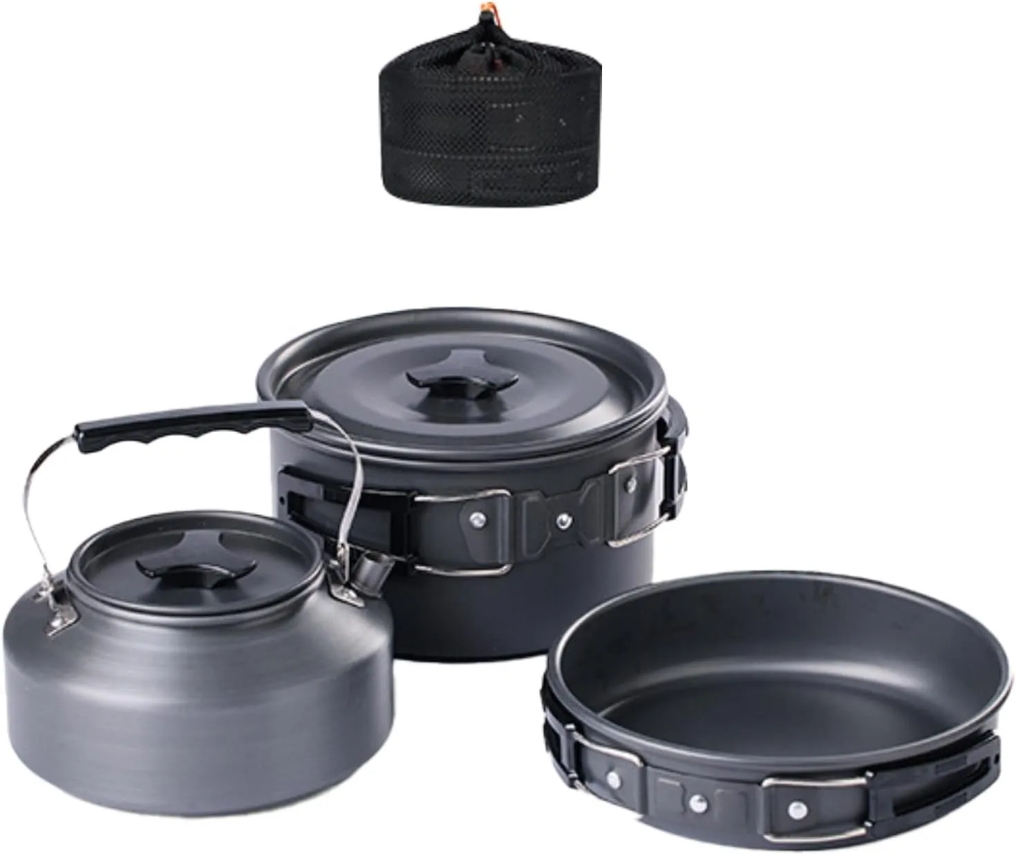 3Pcs Camping Cooking Set Pot Frying Pan Kettle Camping Cookware Mess Kit for Barbecue, Black