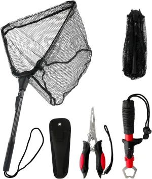 3Pcs Fishing Tool Kit Includes Folding Fishing Landing Net, Fish Lip Gripper, Multifunctional Pliers with Lanyard Sheath, Fishing Gear Accessories Equipment Gifts for Fishermen