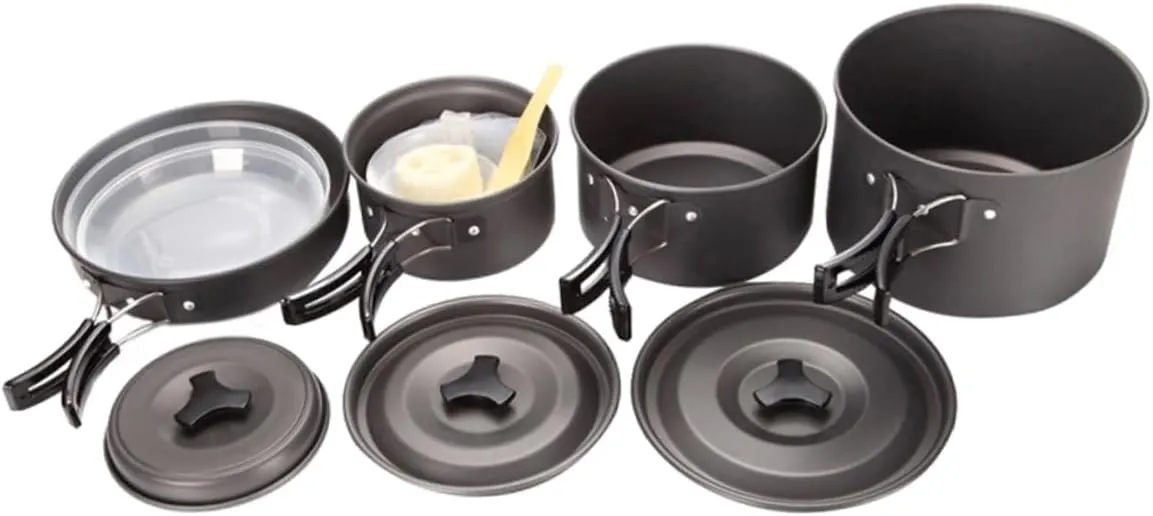 4-5 Person Portable Camping Cookware Insulated Pot Set Non-Stick Pan Cooking Utensils Compact for Hiking Outdoor Activities