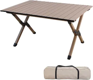 4-6 People Camping Table, Roll-Up Lightweight Picnic Table with Large Aluminum Tabletop & Carrying Bag, Portable Outdoor Folding Table for Hiking, Backpacking & Fishing(Carbon Steel Wood Gra