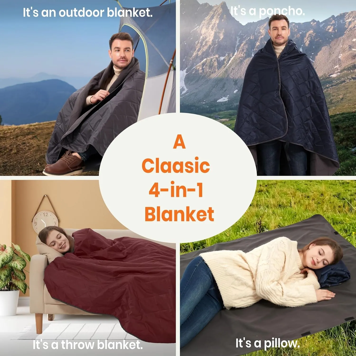 4-in-1 Large Outdoor Blanket - Waterproof & Windproof Thickened Warm Fleece Camping Blanket for Stadium, Hiking, Sporting Events - 81"x57", Packable (Royal Blue)