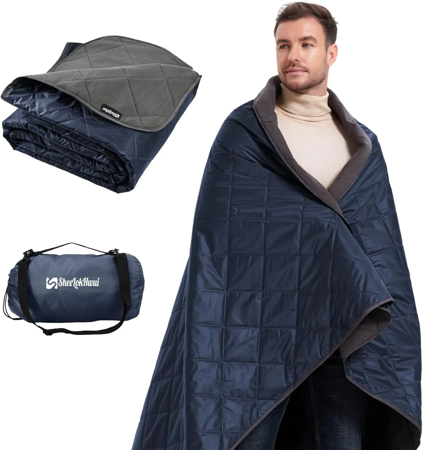 4-in-1 Large Outdoor Blanket - Waterproof & Windproof Thickened Warm Fleece Camping Blanket for Stadium, Hiking, Sporting Events - 81"x57", Packable (Royal Blue)