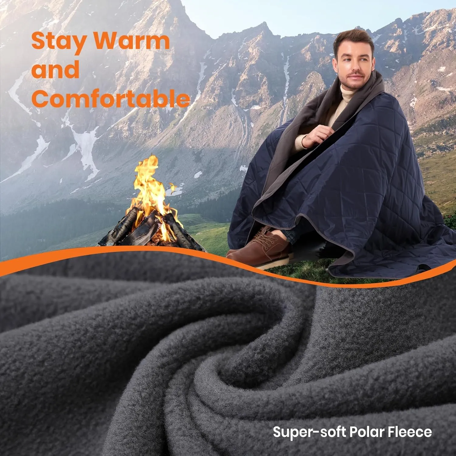 4-in-1 Large Outdoor Blanket - Waterproof & Windproof Thickened Warm Fleece Camping Blanket for Stadium, Hiking, Sporting Events - 81"x57", Packable (Royal Blue)