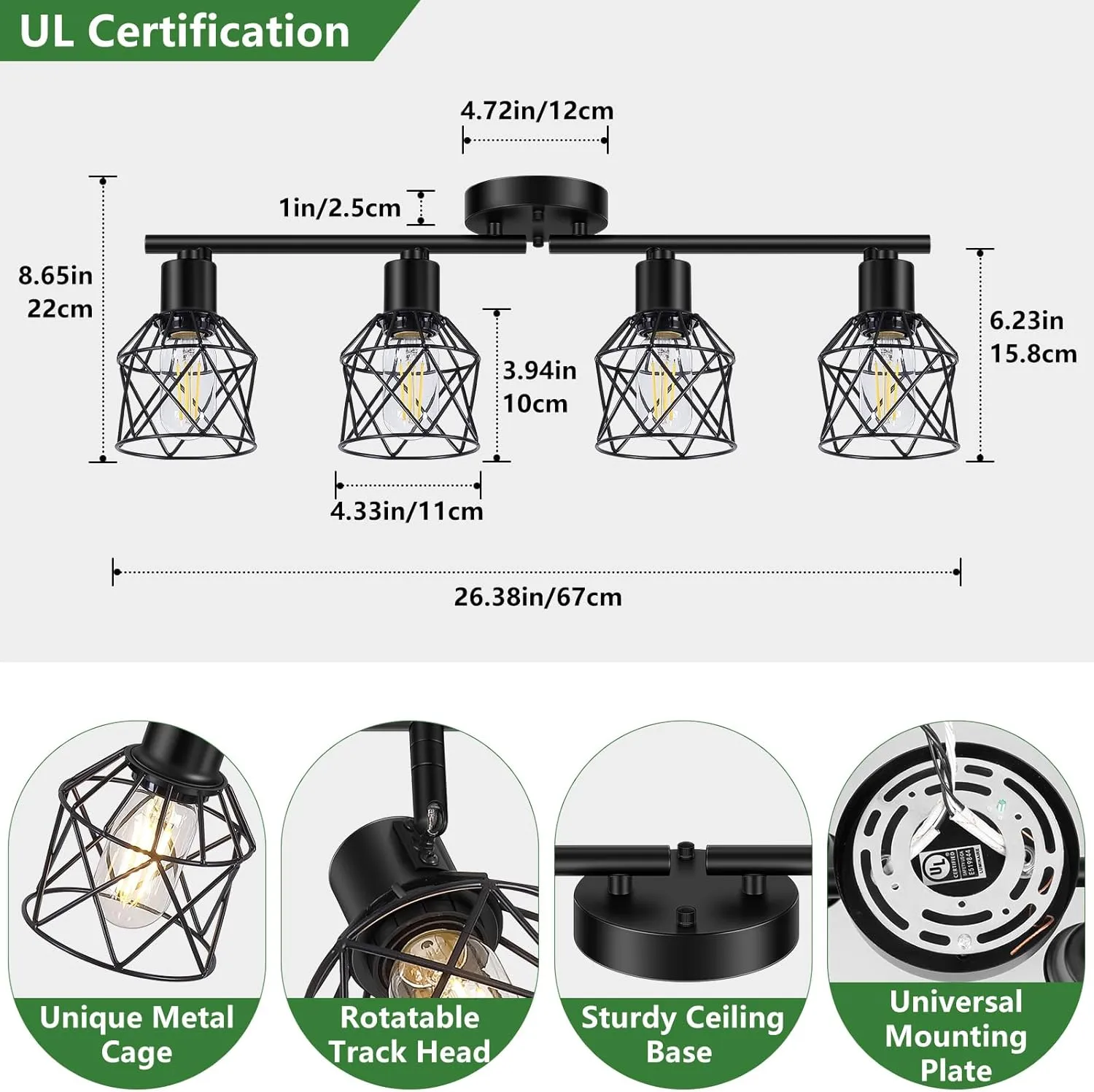 4-Lights Semi Flush Mount Ceiling Light, Adjustable Multi-Directional Light Fixtures, Rotatable Farmhouse Light Fixtures Mount with Metal Cage for Dining Room, Living Room