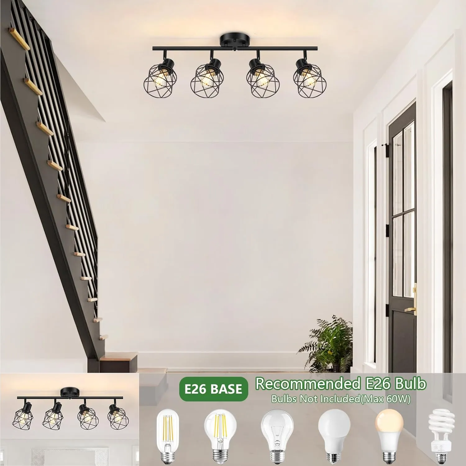 4-Lights Semi Flush Mount Ceiling Light, Adjustable Multi-Directional Light Fixtures, Rotatable Farmhouse Light Fixtures Mount with Metal Cage for Dining Room, Living Room
