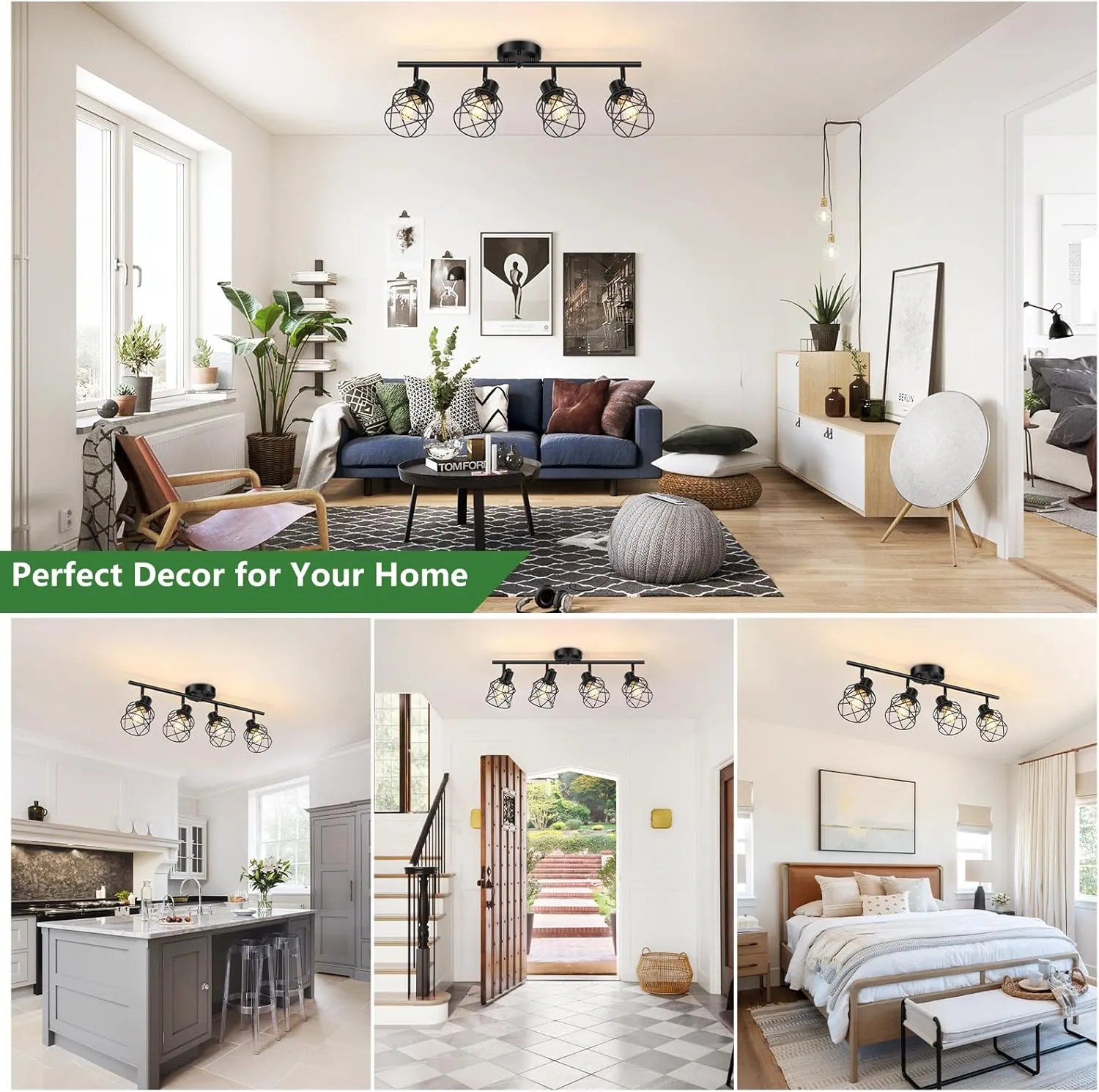4-Lights Semi Flush Mount Ceiling Light, Adjustable Multi-Directional Light Fixtures, Rotatable Farmhouse Light Fixtures Mount with Metal Cage for Dining Room, Living Room