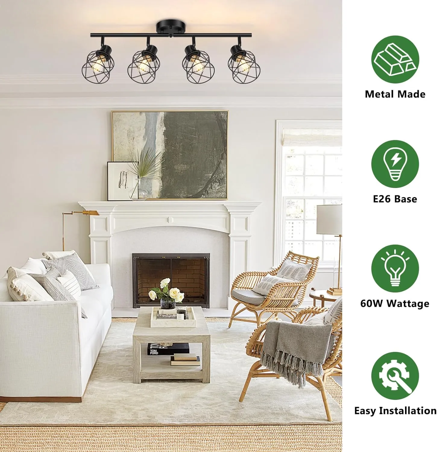 4-Lights Semi Flush Mount Ceiling Light, Adjustable Multi-Directional Light Fixtures, Rotatable Farmhouse Light Fixtures Mount with Metal Cage for Dining Room, Living Room