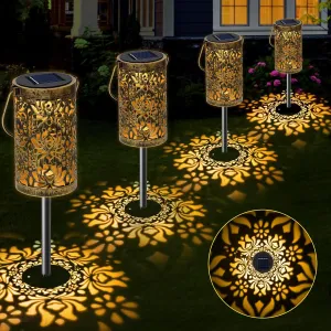 4 Pack Solar Pathway Lights Lights Outdoor, LED Solar Lantern Bright Metal Retro Waterproof, Outside Decorative Rose Hanging Lanterns Solar Powered for Path Lawn Patio Yard Walkway