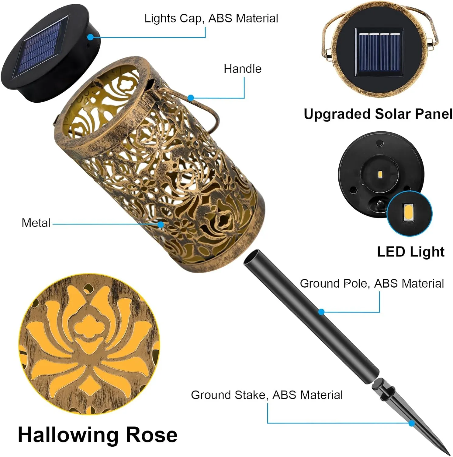 4 Pack Solar Pathway Lights Lights Outdoor, LED Solar Lantern Bright Metal Retro Waterproof, Outside Decorative Rose Hanging Lanterns Solar Powered for Path Lawn Patio Yard Walkway