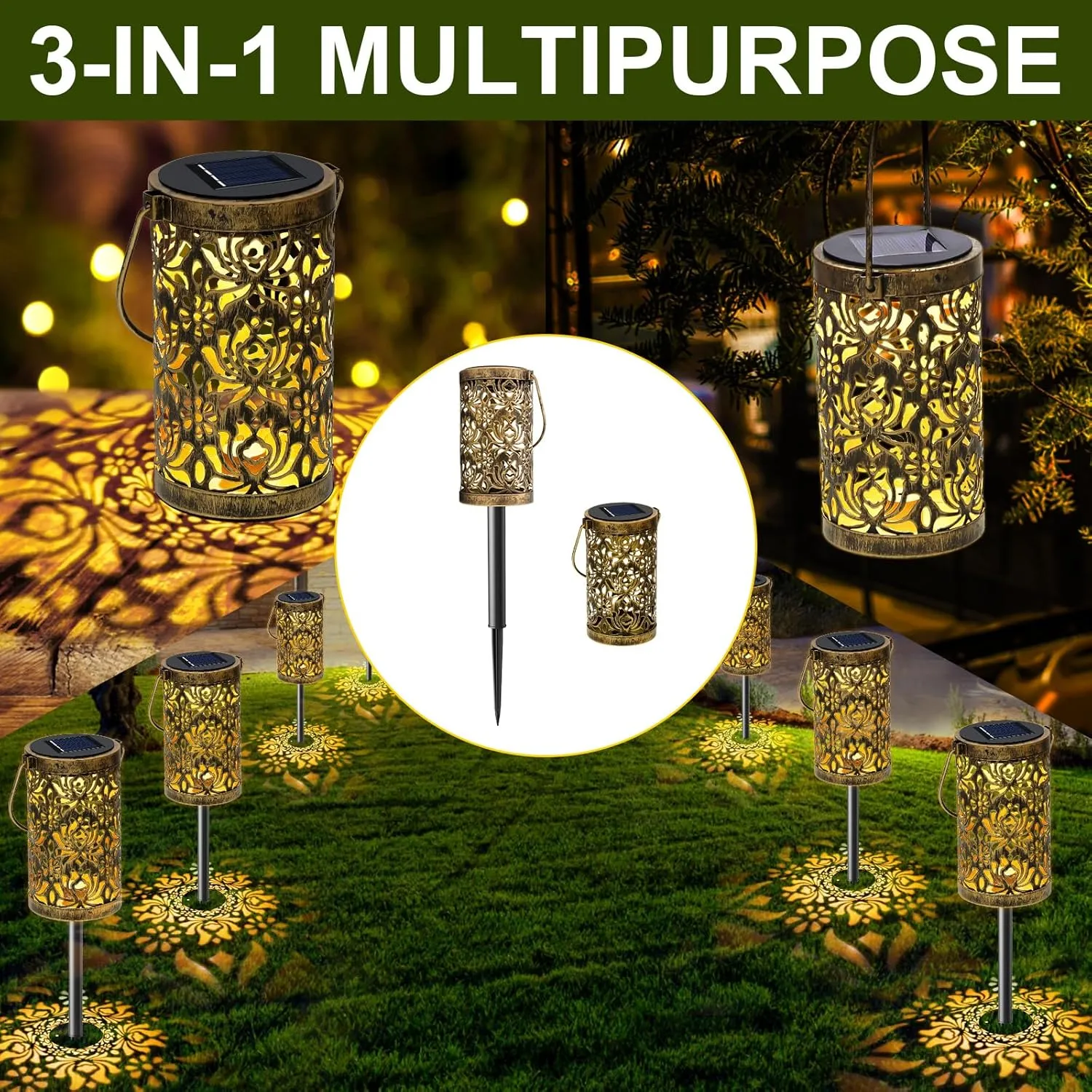 4 Pack Solar Pathway Lights Lights Outdoor, LED Solar Lantern Bright Metal Retro Waterproof, Outside Decorative Rose Hanging Lanterns Solar Powered for Path Lawn Patio Yard Walkway