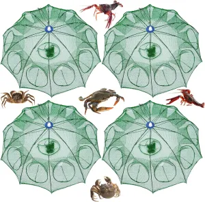 4 Pcs Collapsible Crab Trap 10 Holes 10 Sides Foldable Fishing Net Trap with Rope and Float Marker Circle for Minnows Fish Crawfish Crab Lobster Shrimp