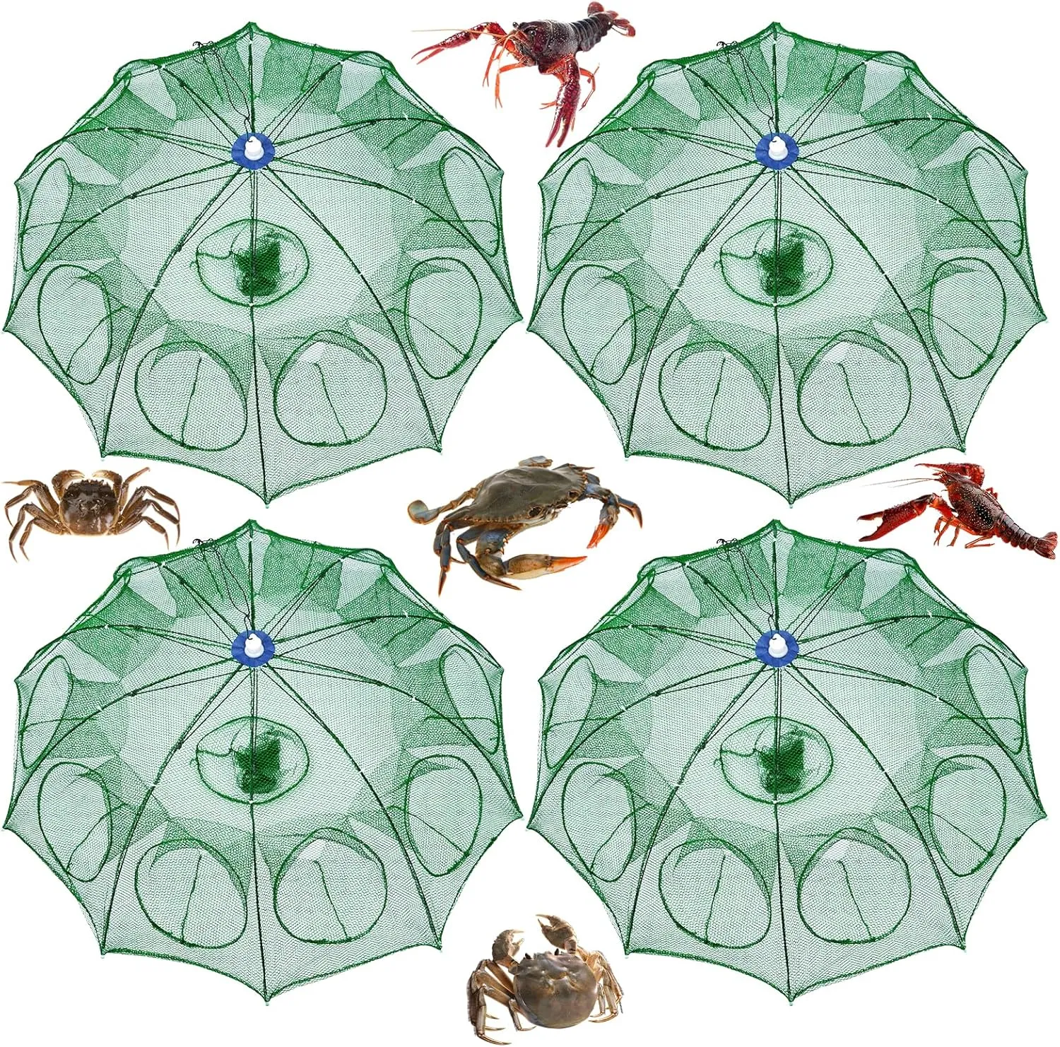 4 Pcs Collapsible Crab Trap 10 Holes 10 Sides Foldable Fishing Net Trap with Rope and Float Marker Circle for Minnows Fish Crawfish Crab Lobster Shrimp