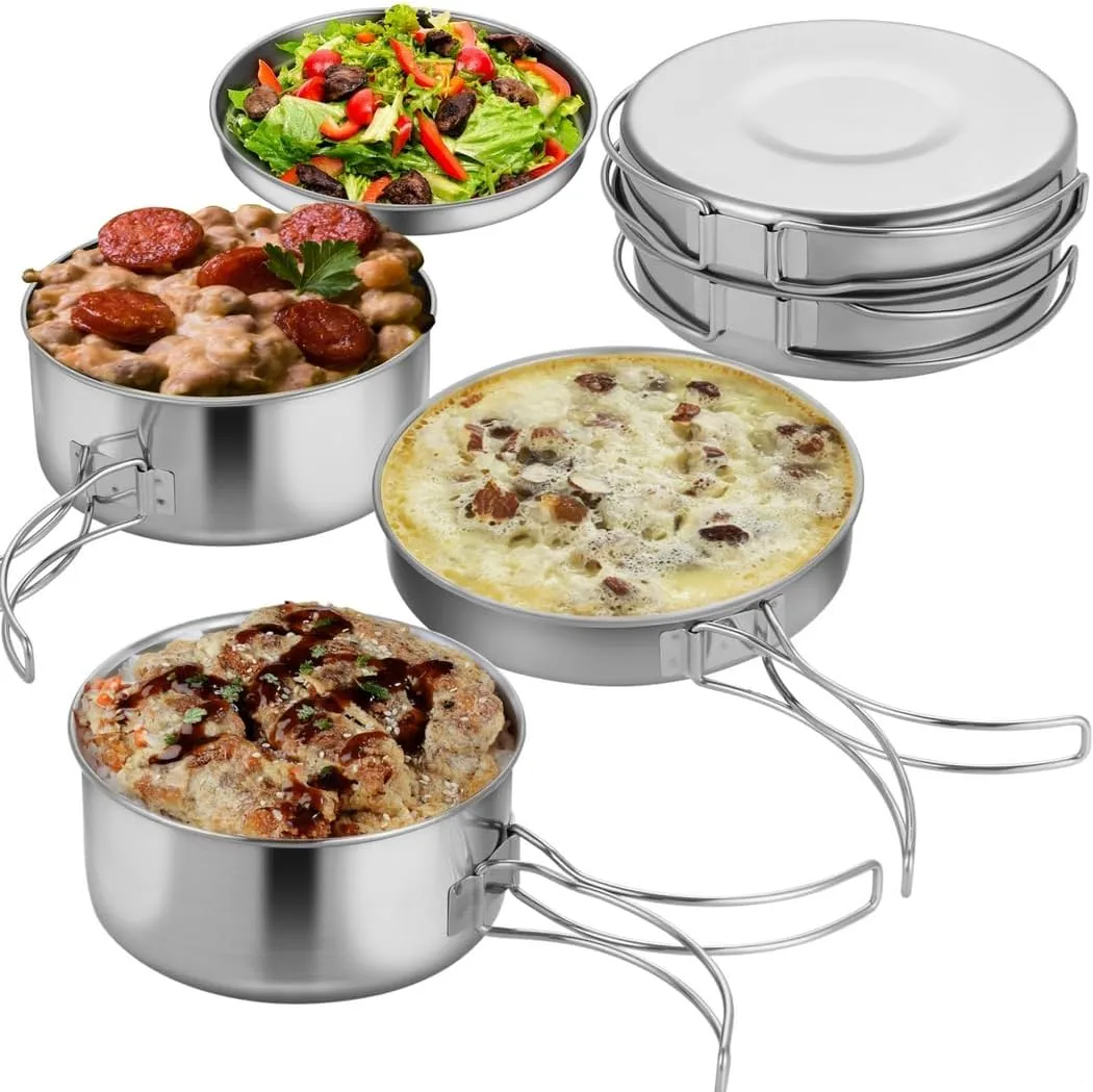 4-Piece Outdoor Cooking Set, Stainless Steel Pots and Pans with Foldable Handles, Lightweight Stackable Cookware for Hiking, Mountaineering, and Camping