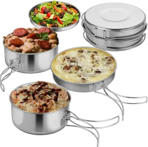 4-Piece Outdoor Cooking Set, Stainless Steel Pots and Pans with Foldable Handles, Lightweight Stackable Cookware for Hiking, Mountaineering, and Camping