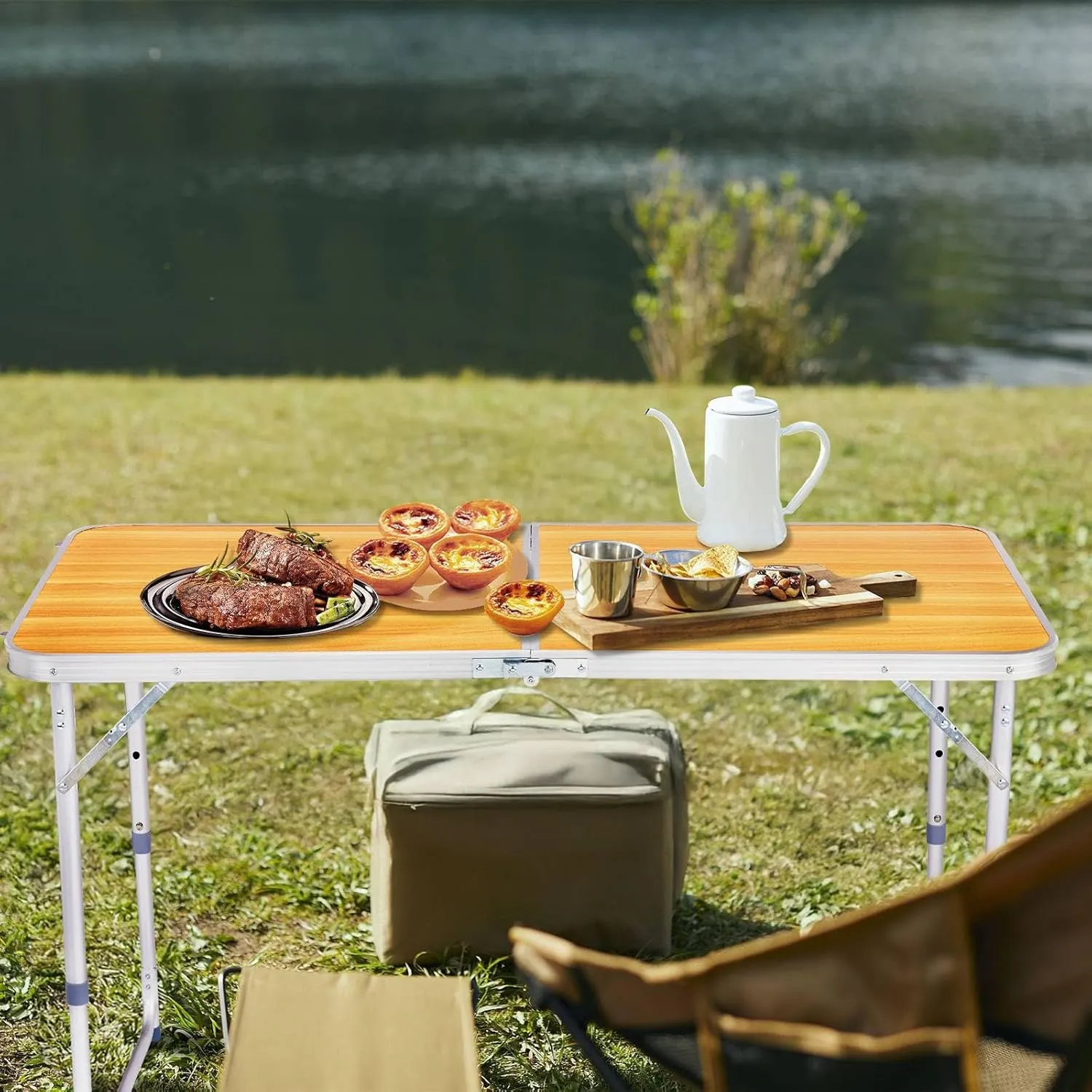 4' Portable Camping Table, Folding Rectangular Picnic Table, Outdoor Multipurpose Beach Tables with Carry Handle and Adjustable Legs for Dining BBQ, Load Bearing Capacity 70 lbs (Wood Grain Color)