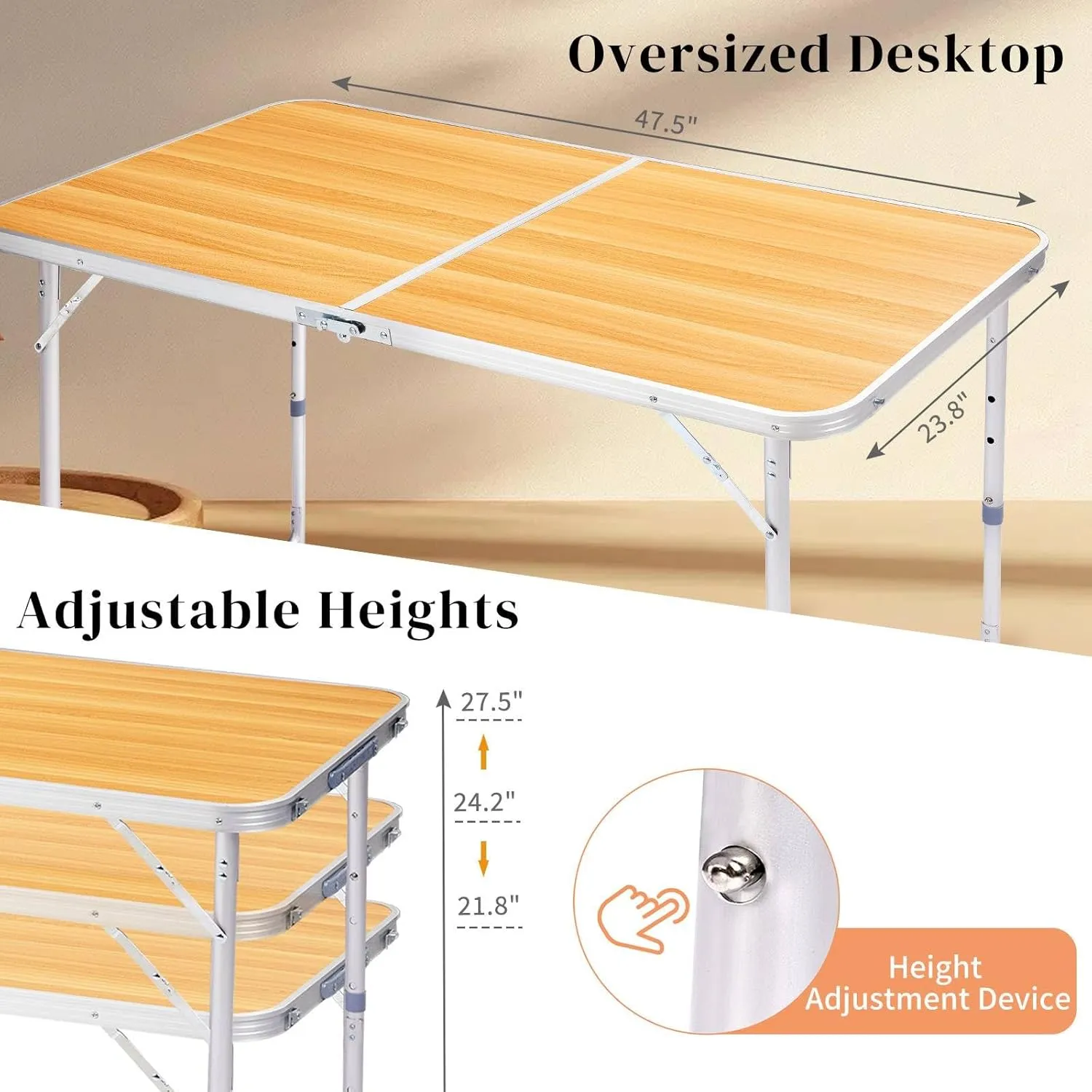 4' Portable Camping Table, Folding Rectangular Picnic Table, Outdoor Multipurpose Beach Tables with Carry Handle and Adjustable Legs for Dining BBQ, Load Bearing Capacity 70 lbs (Wood Grain Color)