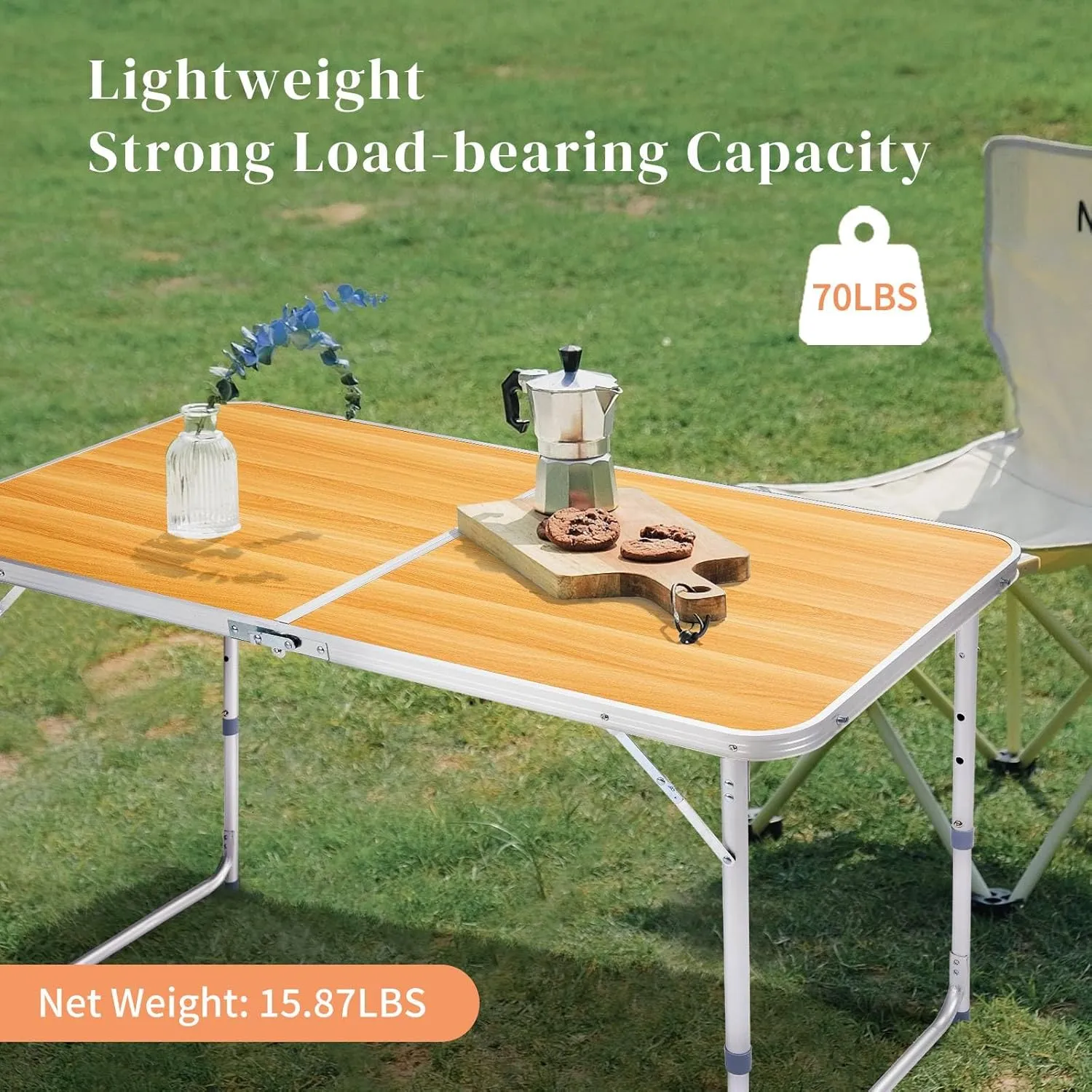 4' Portable Camping Table, Folding Rectangular Picnic Table, Outdoor Multipurpose Beach Tables with Carry Handle and Adjustable Legs for Dining BBQ, Load Bearing Capacity 70 lbs (Wood Grain Color)