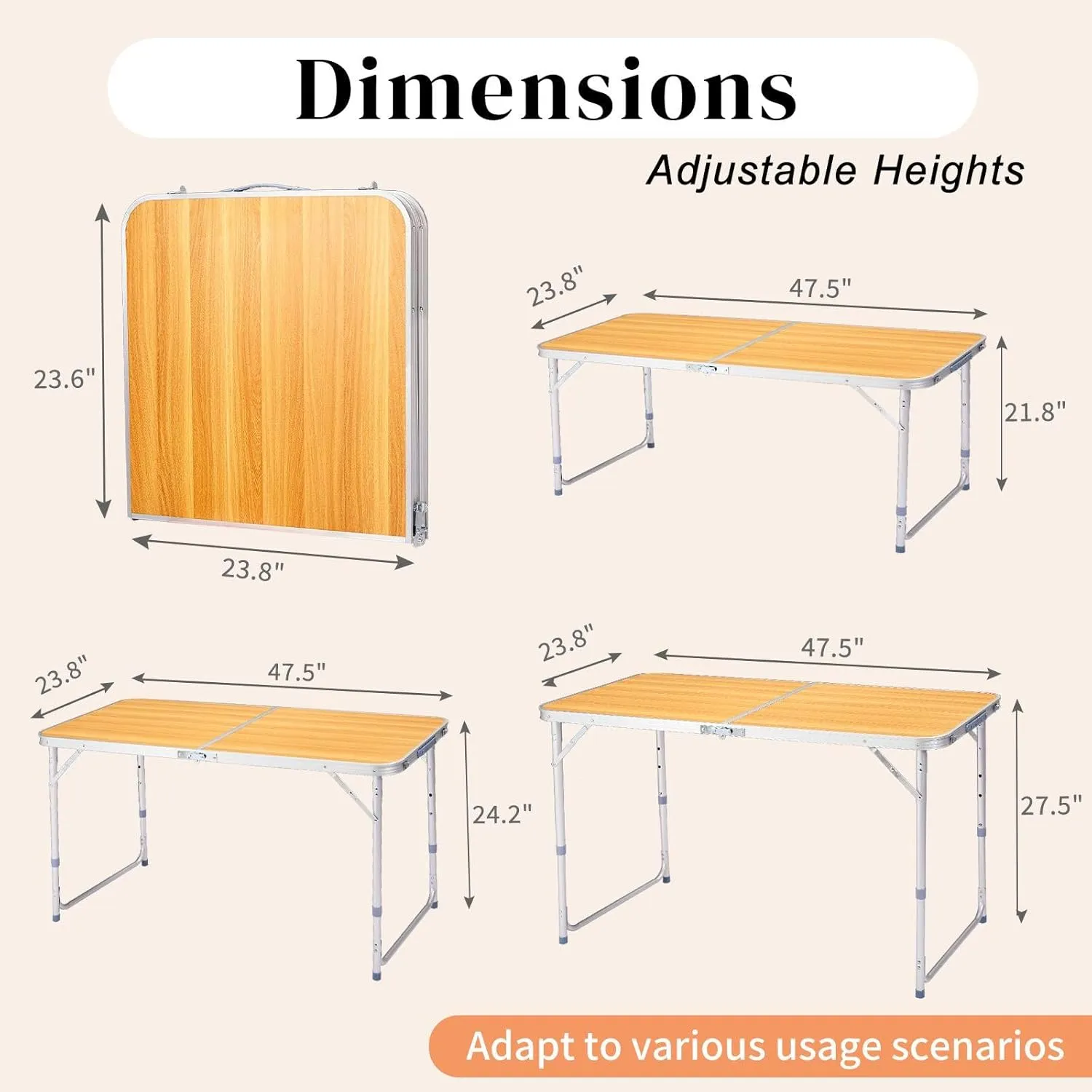 4' Portable Camping Table, Folding Rectangular Picnic Table, Outdoor Multipurpose Beach Tables with Carry Handle and Adjustable Legs for Dining BBQ, Load Bearing Capacity 70 lbs (Wood Grain Color)