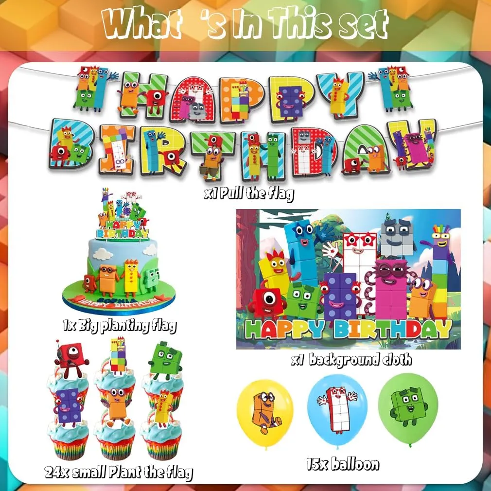 42Pack Number Block Party Supplies Pack Includes，Banner，Cake Topper，Blackdrop,Balloons for Number Block Birthday party Decoration