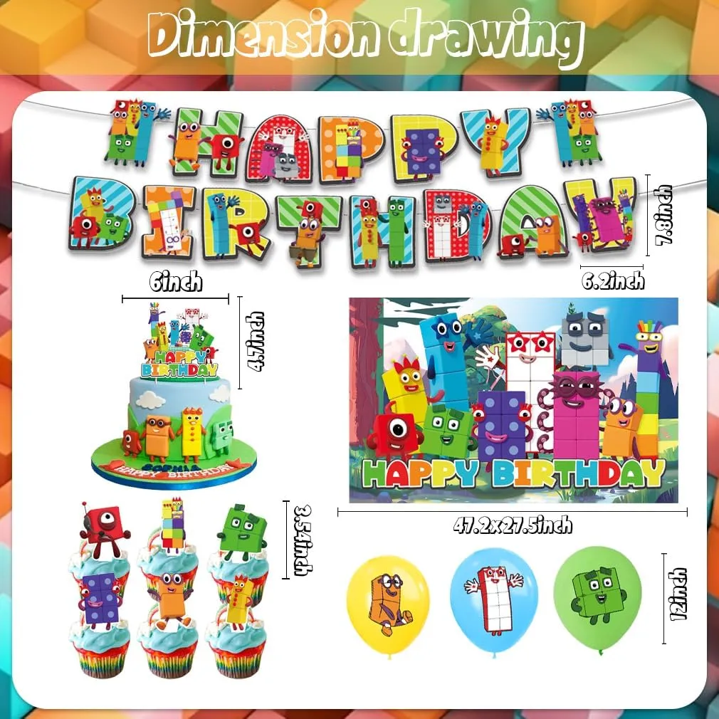42Pack Number Block Party Supplies Pack Includes，Banner，Cake Topper，Blackdrop,Balloons for Number Block Birthday party Decoration