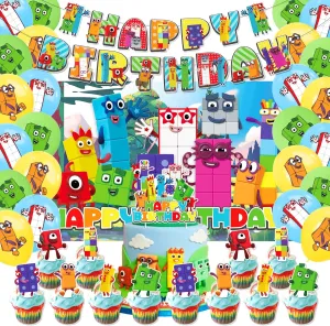 42Pack Number Block Party Supplies Pack Includes，Banner，Cake Topper，Blackdrop,Balloons for Number Block Birthday party Decoration