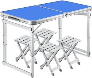 47x24in Folding Camping Table,3 Adjustable Height,Lightweight Portable Aluminum Picnic Table with Handle Great for Outdoor Indoor Camp Activity Garden Balcony(Size:4 Aluminum Stools,Color (Blue 4 Alu