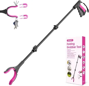 48-Inch Long Reach Grabber Pickup Tool - Pink Long Grabber Reacher Tool with 360° Rotating Jaw, Foldable Extended Trash Picker Upper for Seniors, Tall Users (Magnetic Tip, Anti-Slip)