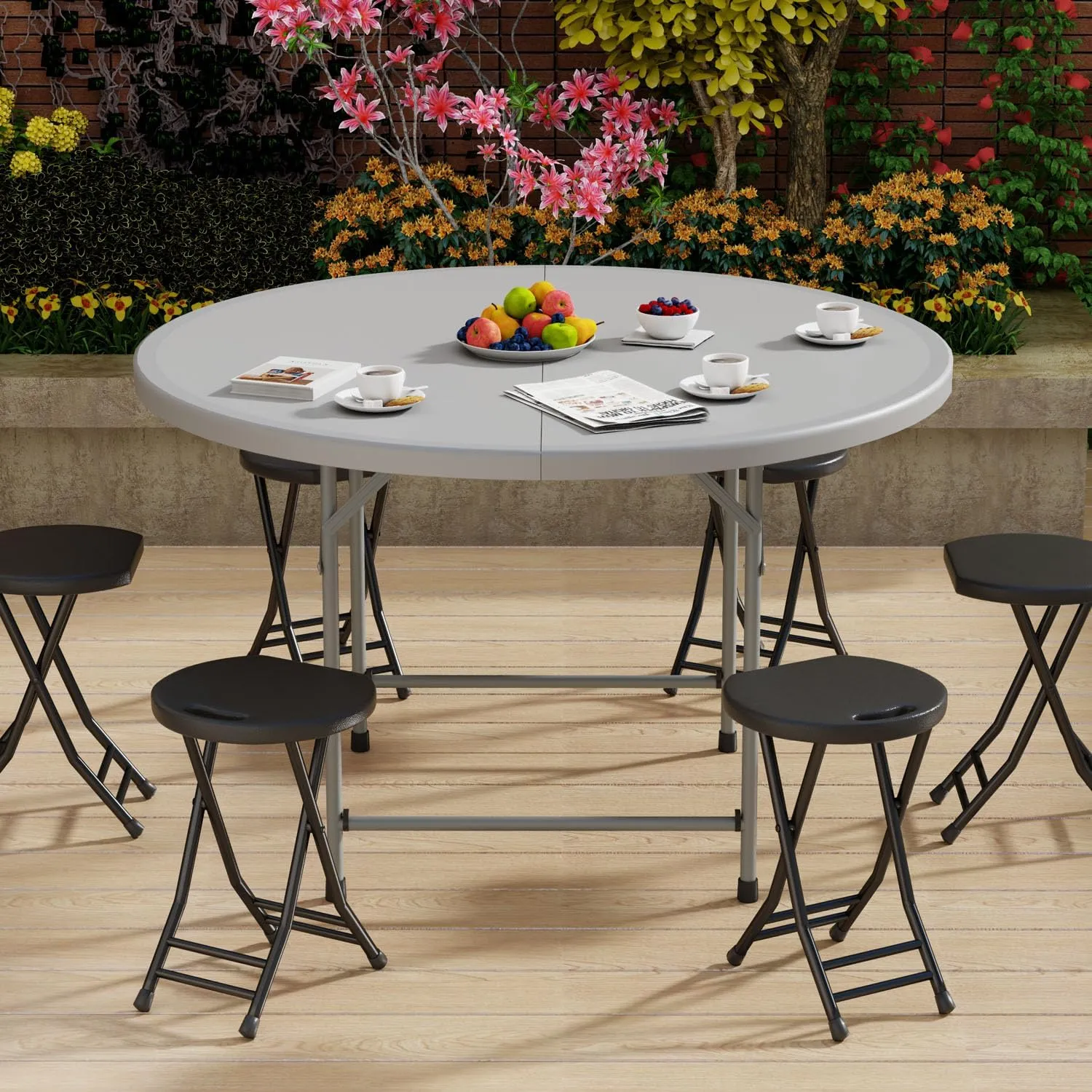 48 Inch Round Folding Table with Carry Handle, Portable Heavy Duty Plastic Utility Table with Steel Legs for Party, Wedding, Camping, Indoor, Outdoor Event, Gray