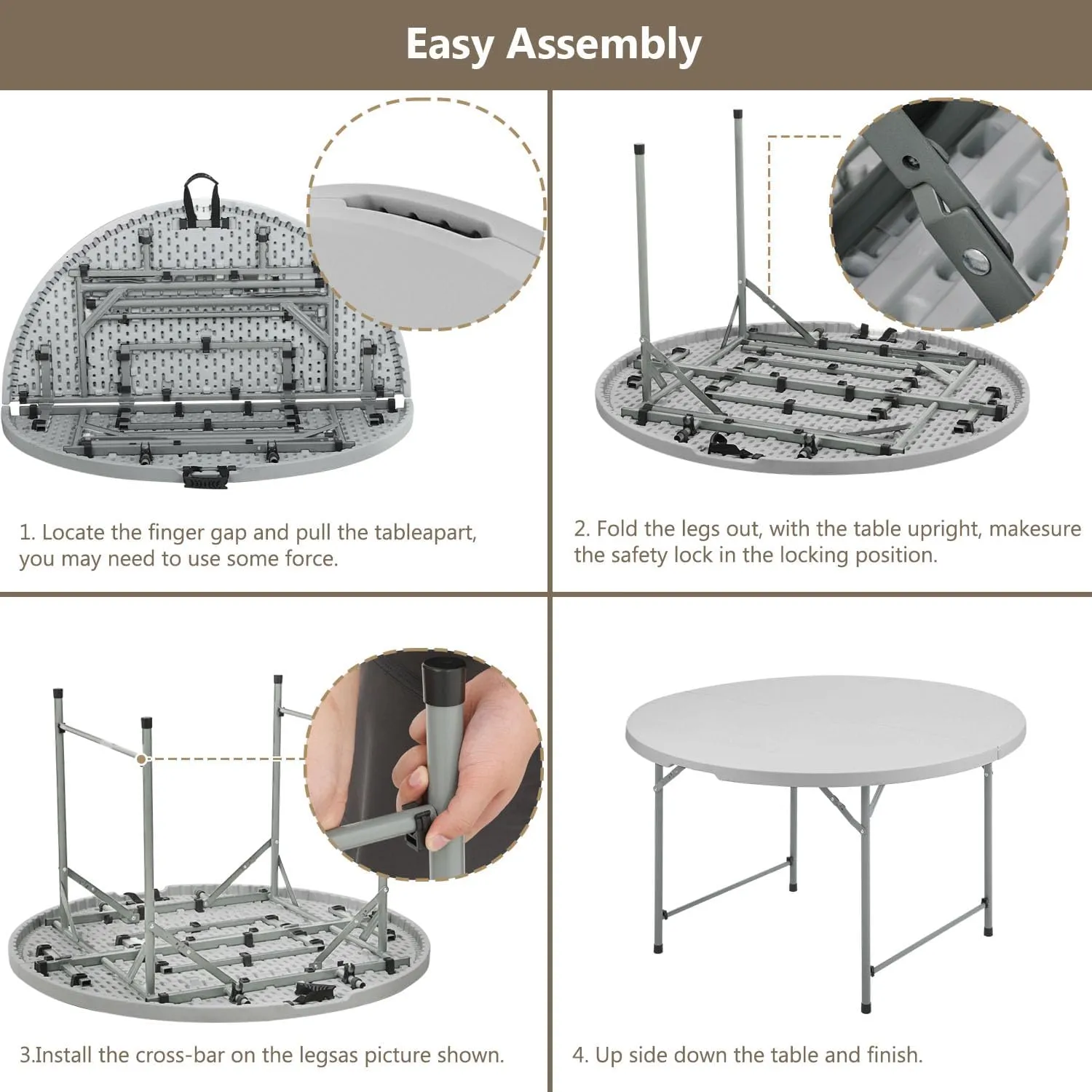 48 Inch Round Folding Table with Carry Handle, Portable Heavy Duty Plastic Utility Table with Steel Legs for Party, Wedding, Camping, Indoor, Outdoor Event, Gray