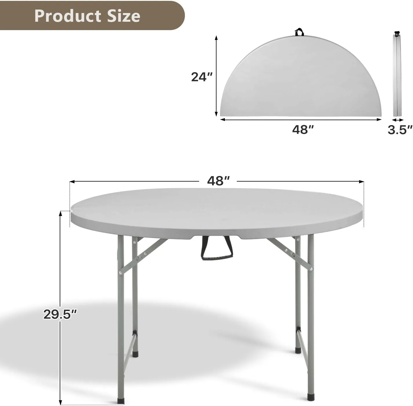 48 Inch Round Folding Table with Carry Handle, Portable Heavy Duty Plastic Utility Table with Steel Legs for Party, Wedding, Camping, Indoor, Outdoor Event, Gray