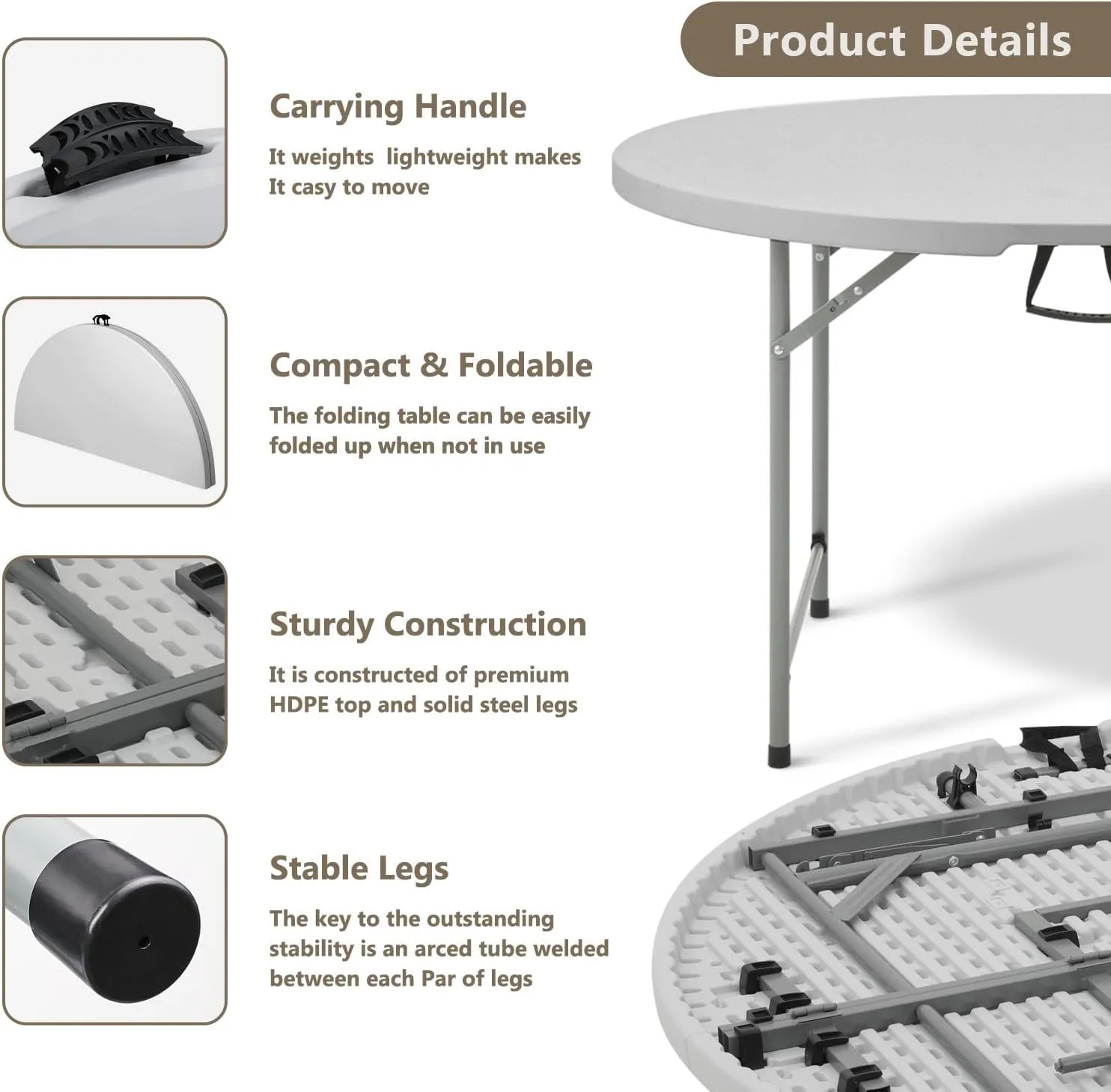 48 Inch Round Folding Table with Carry Handle, Portable Heavy Duty Plastic Utility Table with Steel Legs for Party, Wedding, Camping, Indoor, Outdoor Event, Gray