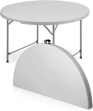 48 Inch Round Folding Table with Carry Handle, Portable Heavy Duty Plastic Utility Table with Steel Legs for Party, Wedding, Camping, Indoor, Outdoor Event, Gray