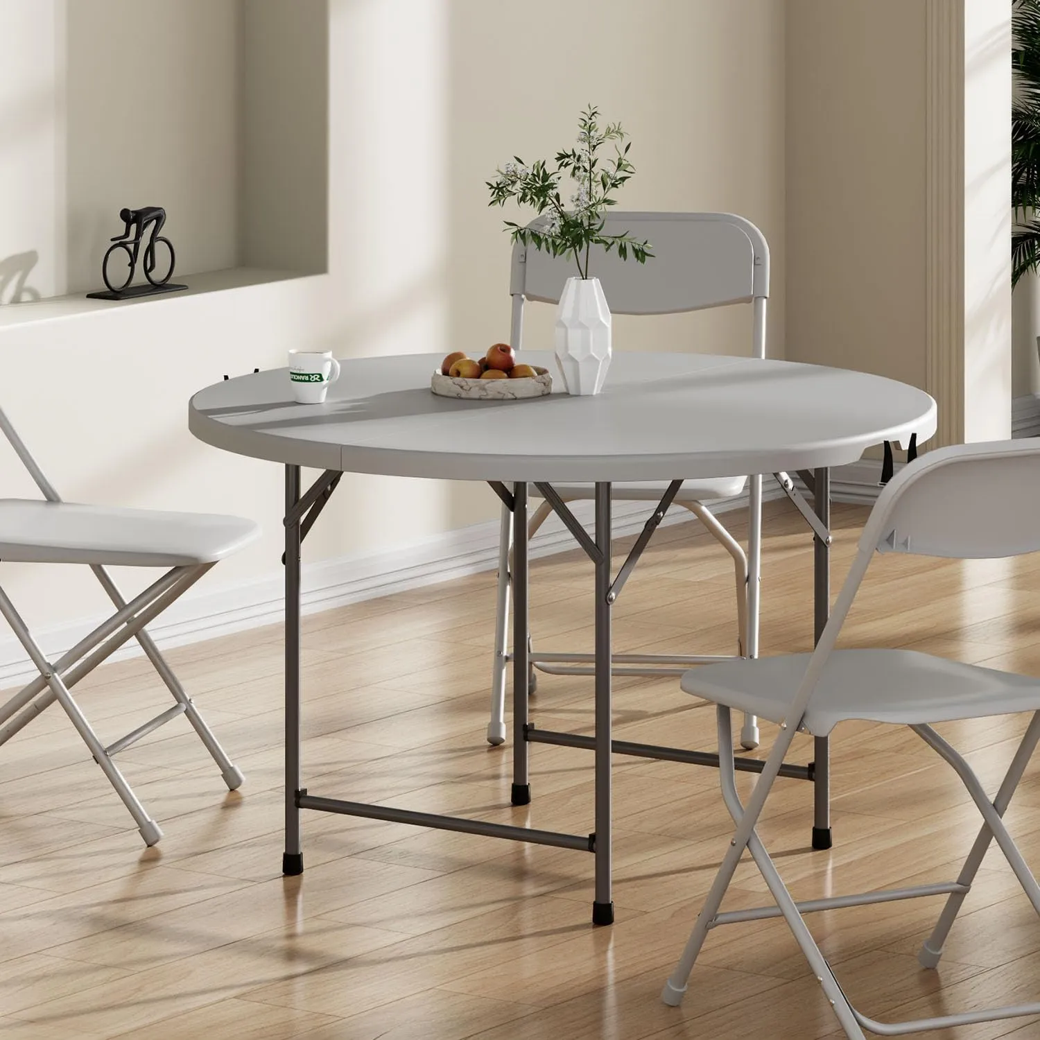 48 Inch Round Folding Table with Carry Handle, Portable Heavy Duty Plastic Utility Table with Steel Legs for Party, Wedding, Camping, Indoor, Outdoor Event, Gray