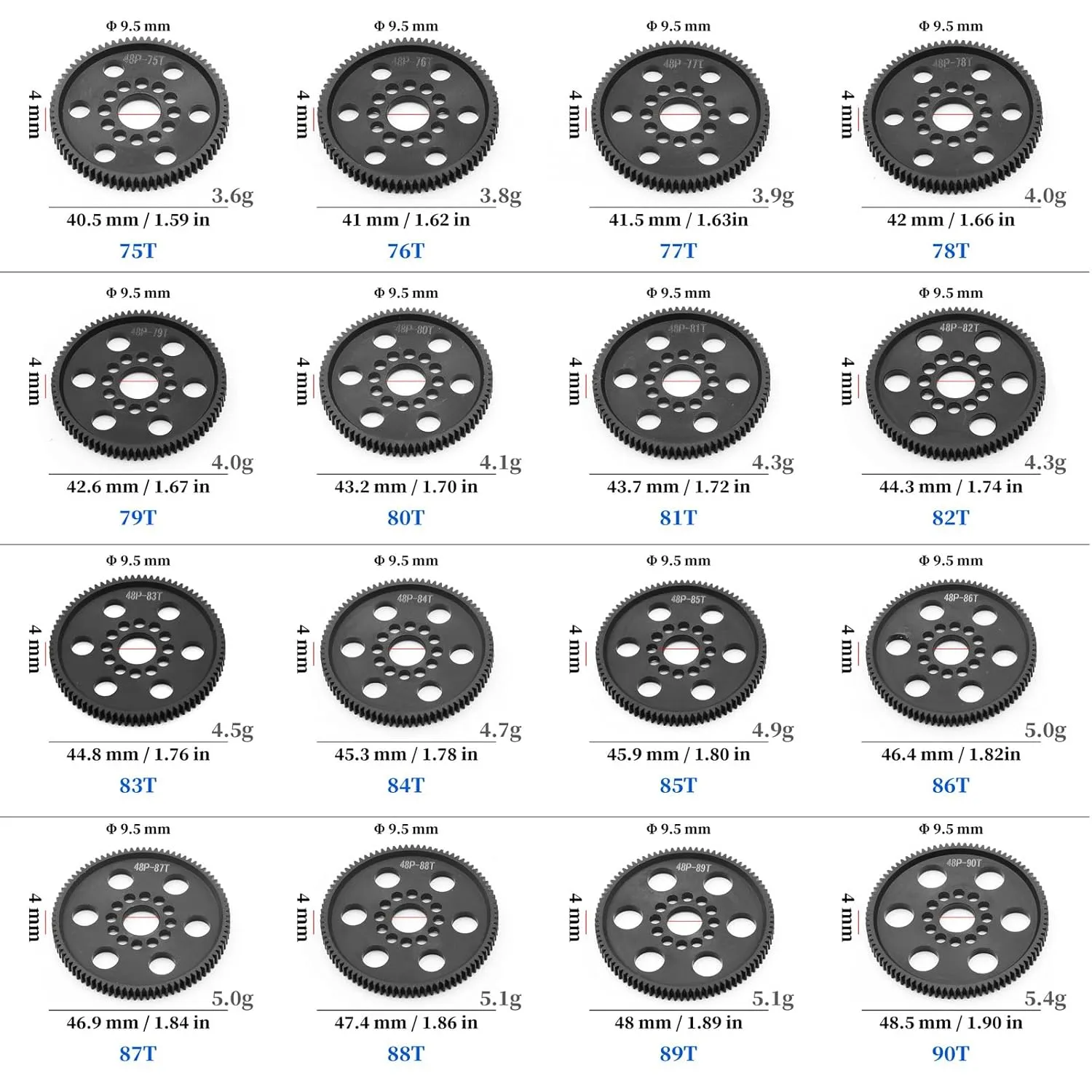 48P High-Precision Machined POM Spur Gear Set (84T 86T 88T 90T) - Ultra-Smooth Silent Lightweight Spur Gear for 3RACING Sakura RC Drift/Touring 1/10 Cars