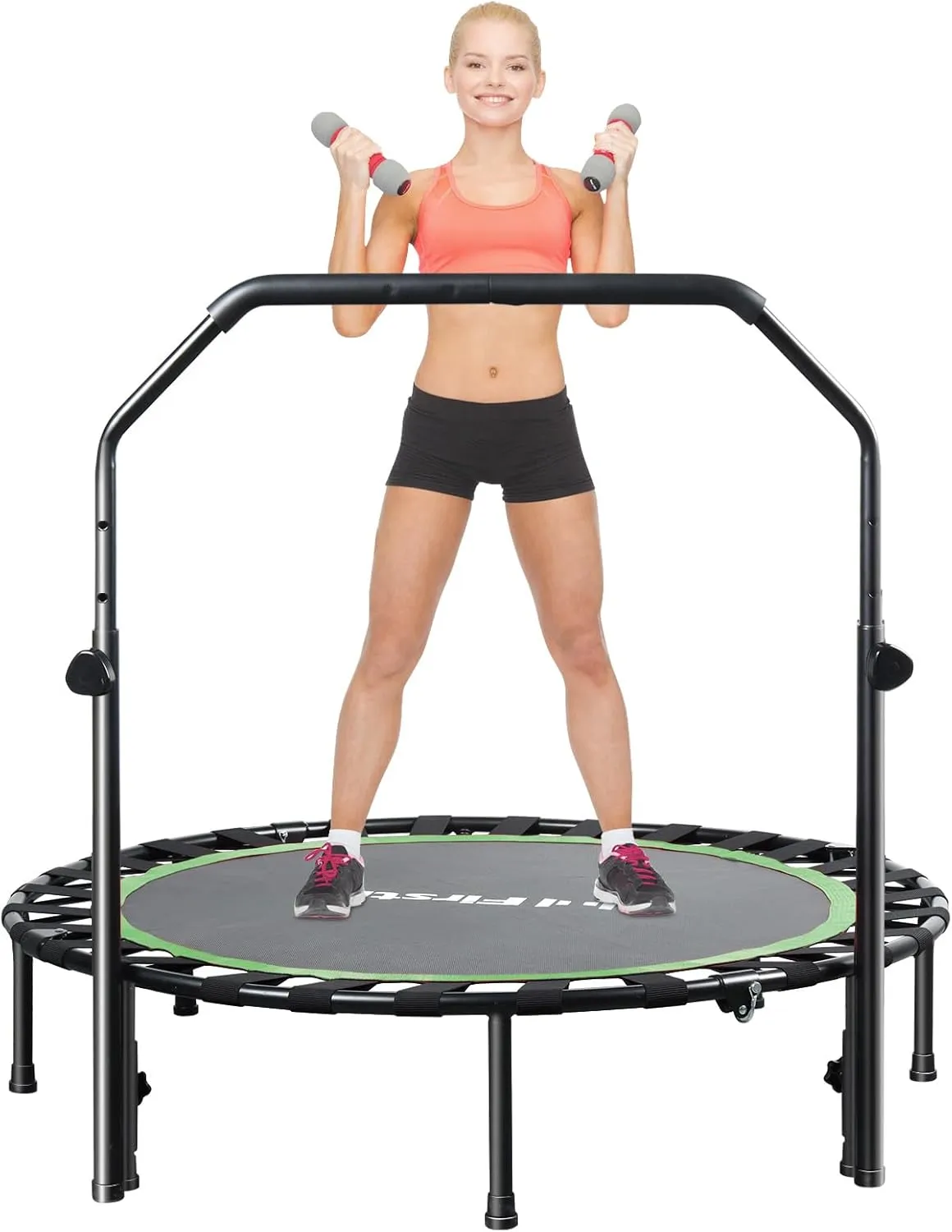 48" Bungees Rebounder Trampoline for Adults, 330LBS Fitness Trampoline Foldable Mini Trampoline, 3 Level Adjustable Foam Handle, Stable Silent Exercise Trampoline for Adults Indoor Workout