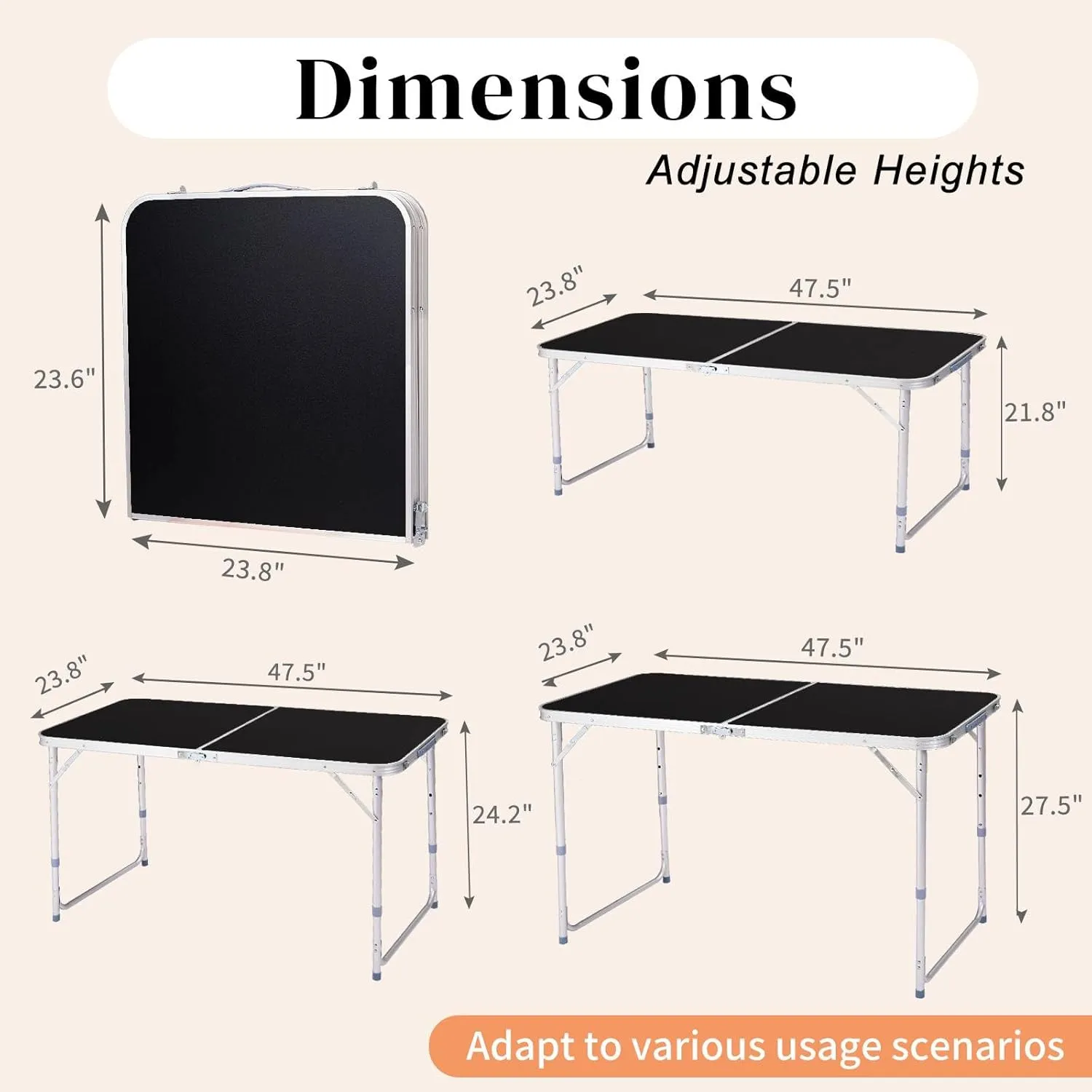 4Ft Folding Camping Table, Multipurpose Picnic Tables, Portable Outdoor Lightweight Picnic Table with Carry Handle and Adjustable Legs for Camping, Picnics & Backyard Events (Black)