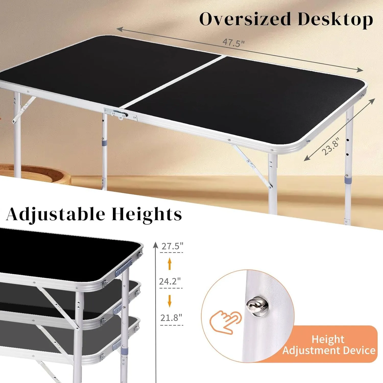 4Ft Folding Camping Table, Multipurpose Picnic Tables, Portable Outdoor Lightweight Picnic Table with Carry Handle and Adjustable Legs for Camping, Picnics & Backyard Events (Black)