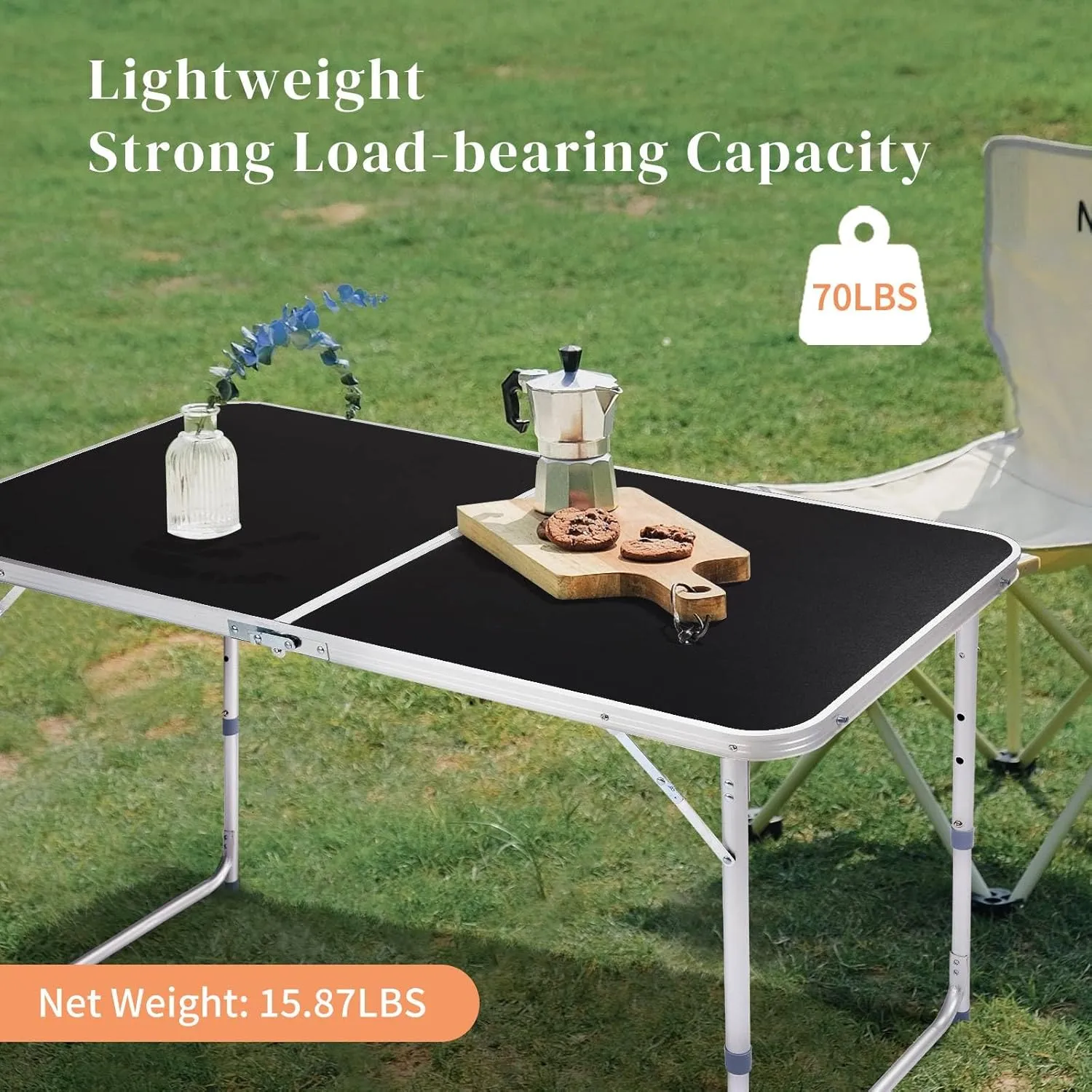4Ft Folding Camping Table, Multipurpose Picnic Tables, Portable Outdoor Lightweight Picnic Table with Carry Handle and Adjustable Legs for Camping, Picnics & Backyard Events (Black)