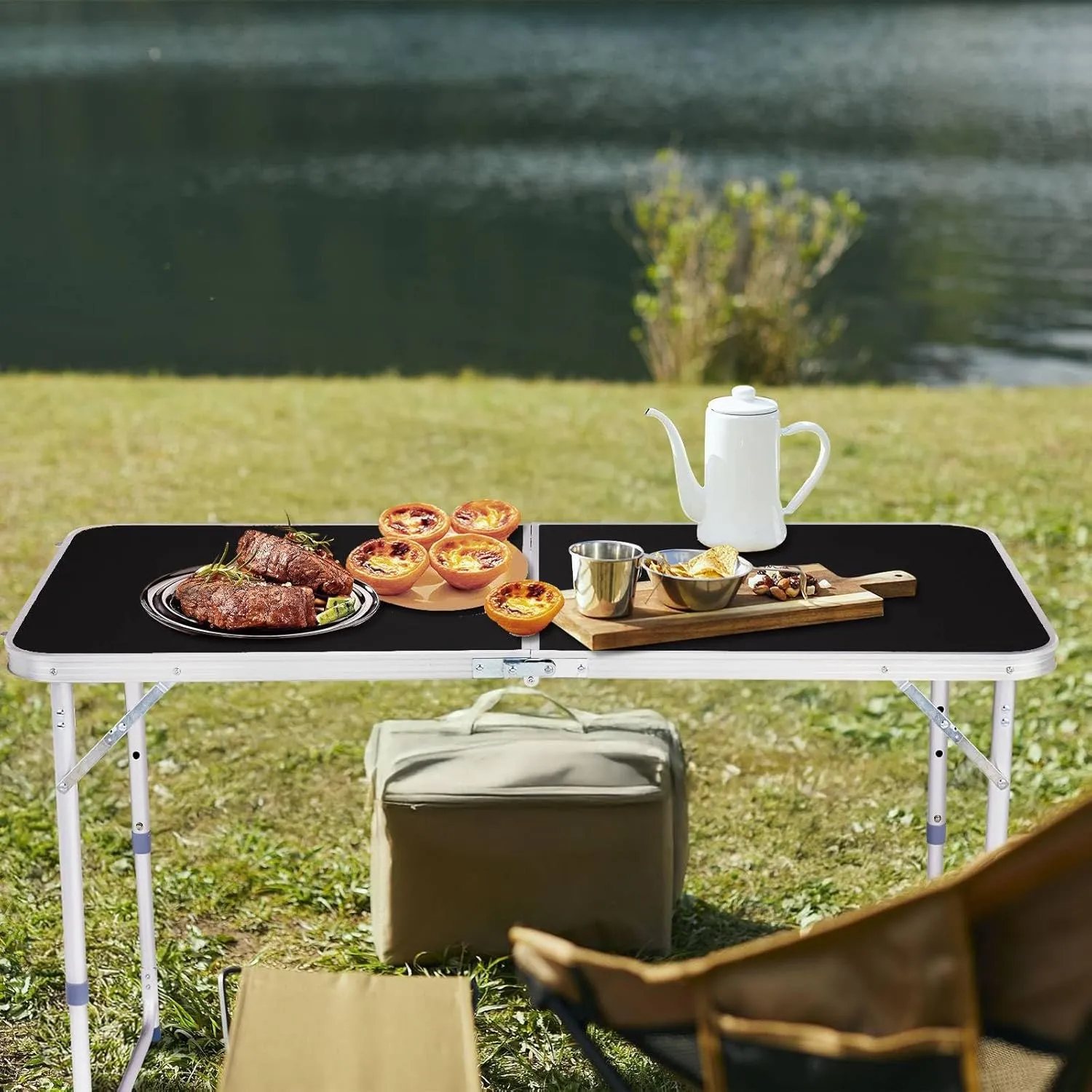 4Ft Folding Camping Table, Multipurpose Picnic Tables, Portable Outdoor Lightweight Picnic Table with Carry Handle and Adjustable Legs for Camping, Picnics & Backyard Events (Black)