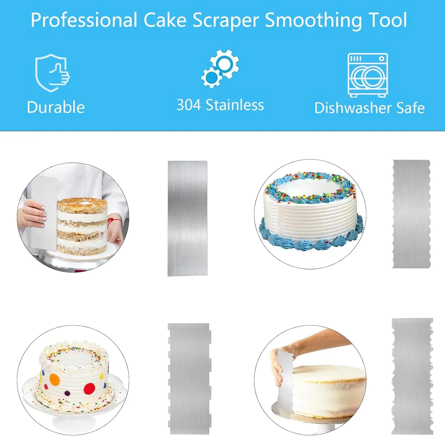 4Pcs Cake Scraper Cake Decorating Tools, Metal Stainless Steel Cake Scraper Smoother Double Sided Jagged Wave Patterned Edge Carving Icing Mousse Butter Cream Pastry Baking Frosting Tool
