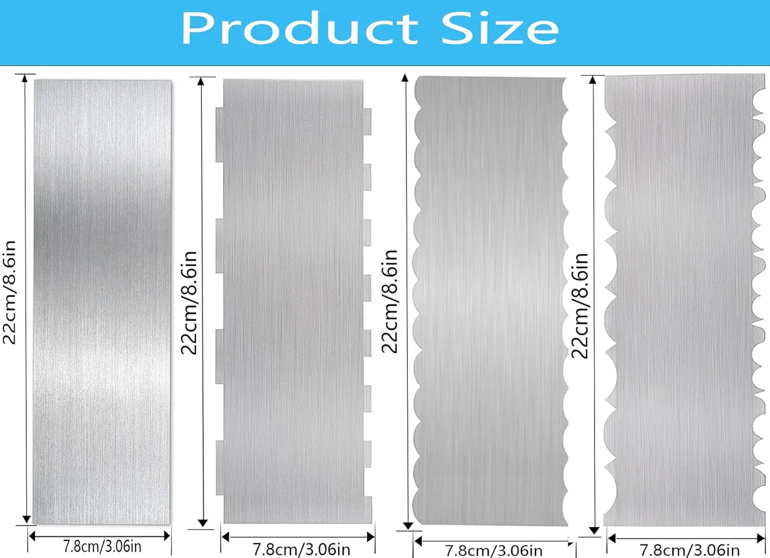 4Pcs Cake Scraper Cake Decorating Tools, Metal Stainless Steel Cake Scraper Smoother Double Sided Jagged Wave Patterned Edge Carving Icing Mousse Butter Cream Pastry Baking Frosting Tool