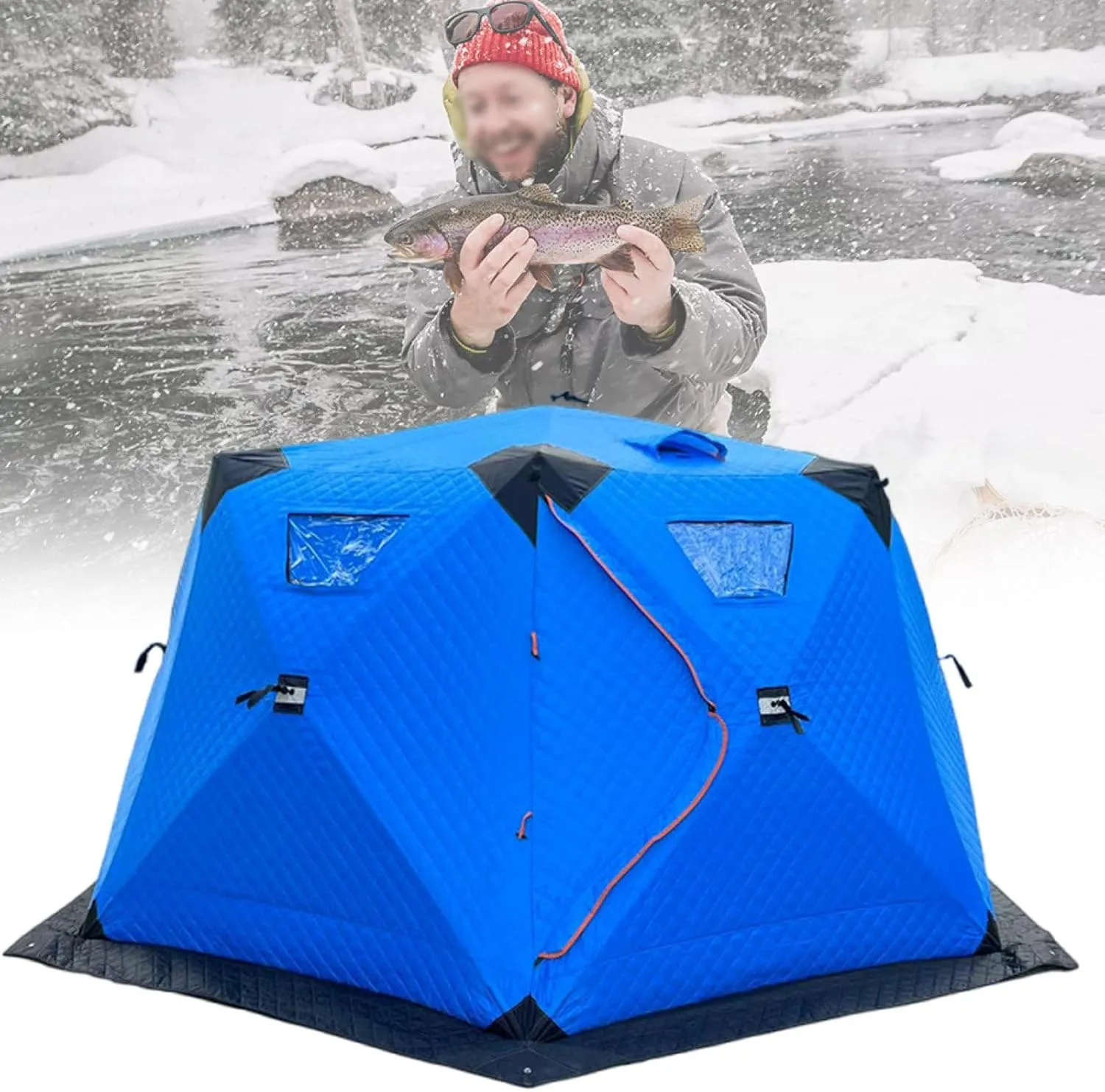 5-8 People Ice Fishing Shelter Pop-up,Double Door Outdoor Camping Cold Protection Hexagon Tent,with Carrying Bag, Ground Nail and Gale Rope,SkyBlue