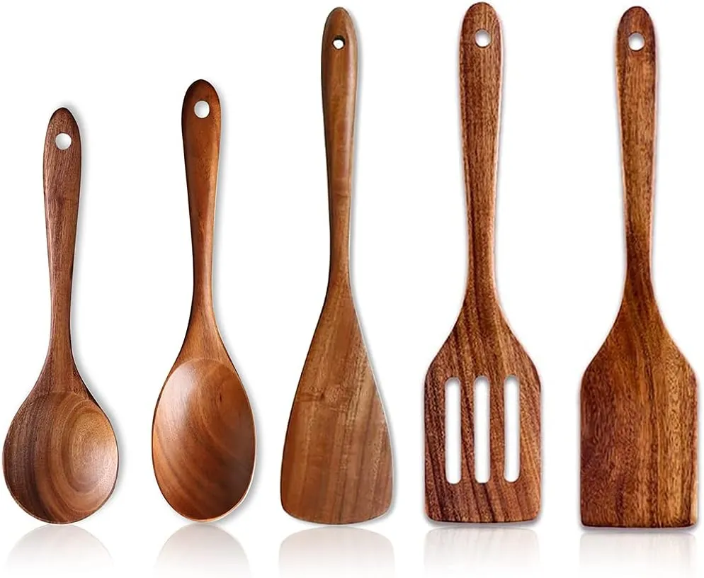 5 Pcs Best Wooden Spoons for Cooking Kitchen Utensils Set Acacia Wood Cooking Spatula Turner Non Toxic Utensil Slotted Serving Spoon Flat Spatulas Set Wooden Utensis Mixing Cooking Spoon Kitchen Tools